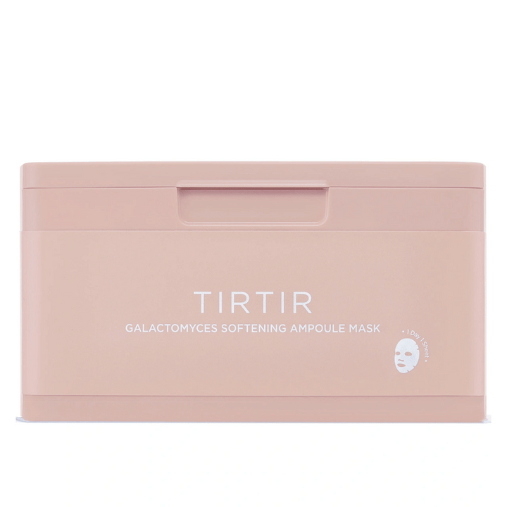 Rosa behållare med texten "TIRTIR GALACTOMYCES SOFTENING AMPOULE MASK" och en liten ikon av en sheet mask, designad för att förvara flera ansiktsmasker.