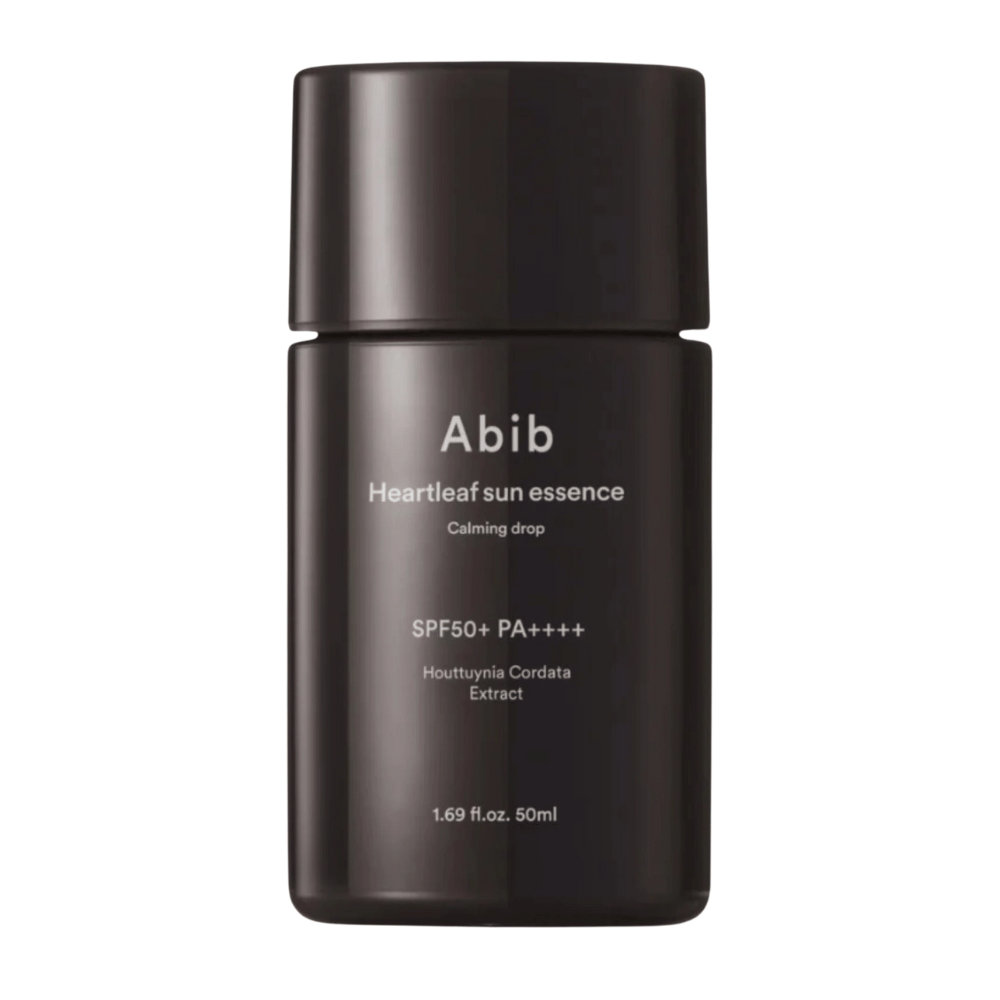 Produktbild på Abib Heartleaf Sun Essence Calming Drop i svart förpackning med vit text och SPF50+ PA++++, 50 ml.