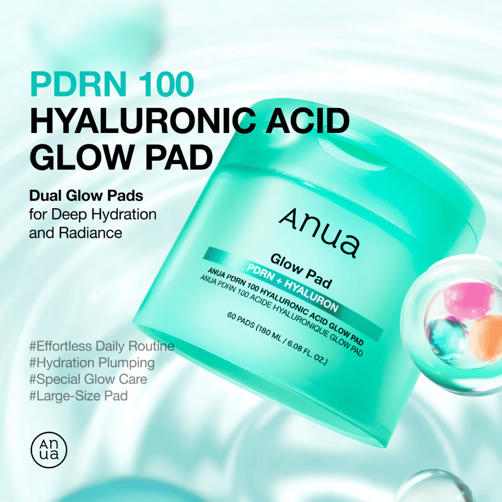Anua PDRN 100 Hyaluronic Acid Glow Pad i turkos burk med text som lyfter fukt, glow och stor padsstorlek – designad för daglig återfuktning och lyster.