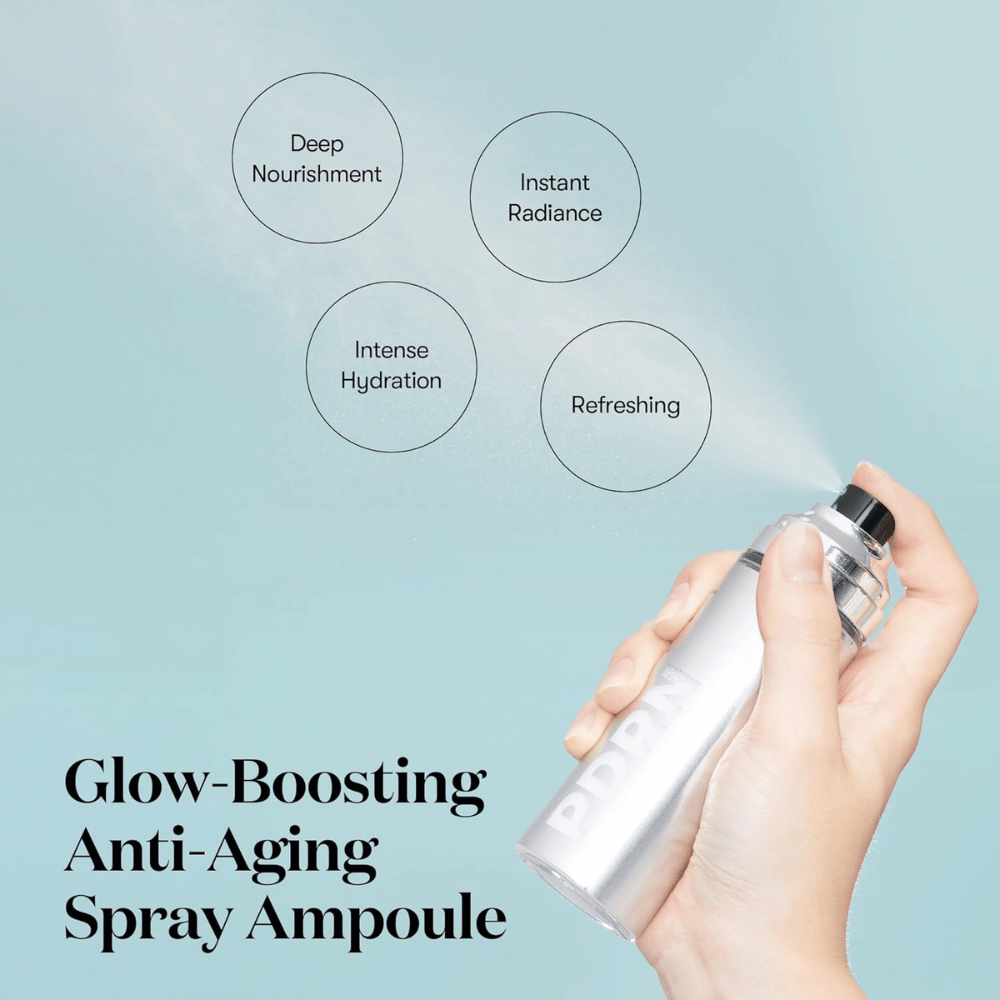 En hand sprutar VT PDRN Glow Ampoule från en silverfärgad sprayflaska. Omgivande text beskriver fördelarna med produkten: "Deep Nourishment," "Instant Radiance," "Intense Hydration," och "Refreshing." Produkten marknadsförs som en glow-boosting och anti-aging ampull.