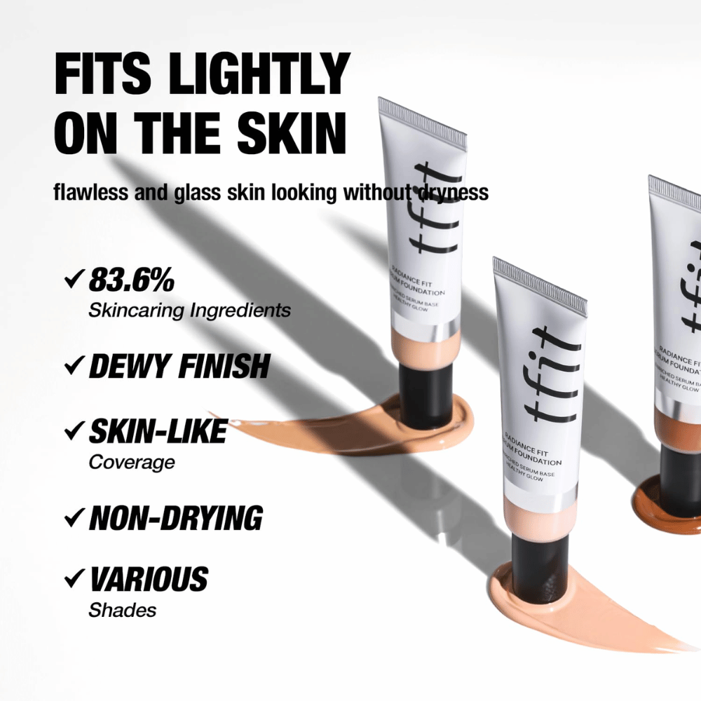 Tuber av TFIT Radiance Fit Serum Foundation placerade ovanpå foundationkräm med text som lyfter fram produktens egenskaper, inklusive fuktgivande ingredienser, daggig finish och hudlik täckning.