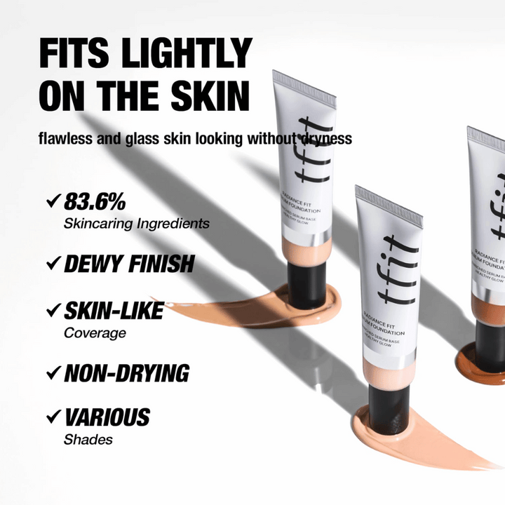 Tuber av TFIT Radiance Fit Serum Foundation placerade ovanpå foundationkräm med text som lyfter fram produktens egenskaper, inklusive fuktgivande ingredienser, daggig finish och hudlik täckning.