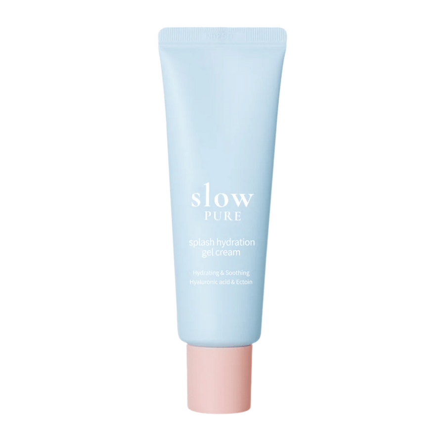 Slow Pure Splash Hydration Gel Cream i blå tub med rosa kork, återfuktande gelkräm med hyaluronsyra och ectoin.