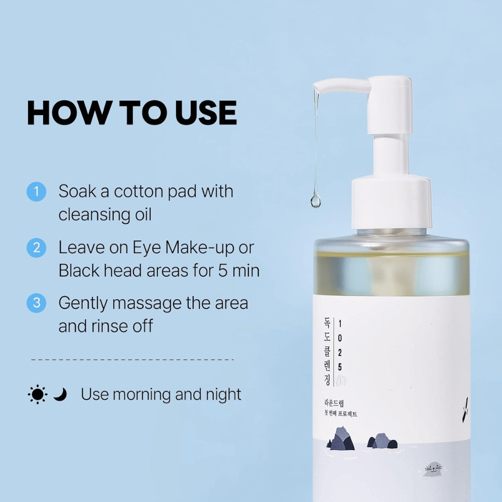 Round Lab 1025 Dokdo Cleansing Oil that effectively dissolves makeup, sunscreen, and impurities with a light and moisturizing oil texture