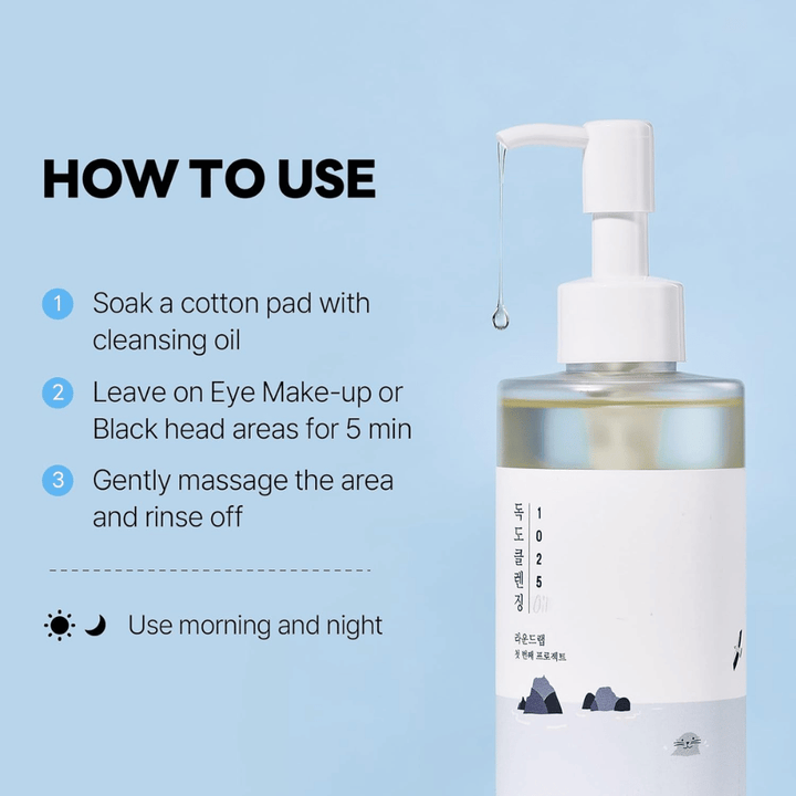 Round Lab 1025 Dokdo Cleansing Oil that effectively dissolves makeup, sunscreen, and impurities with a light and moisturizing oil texture