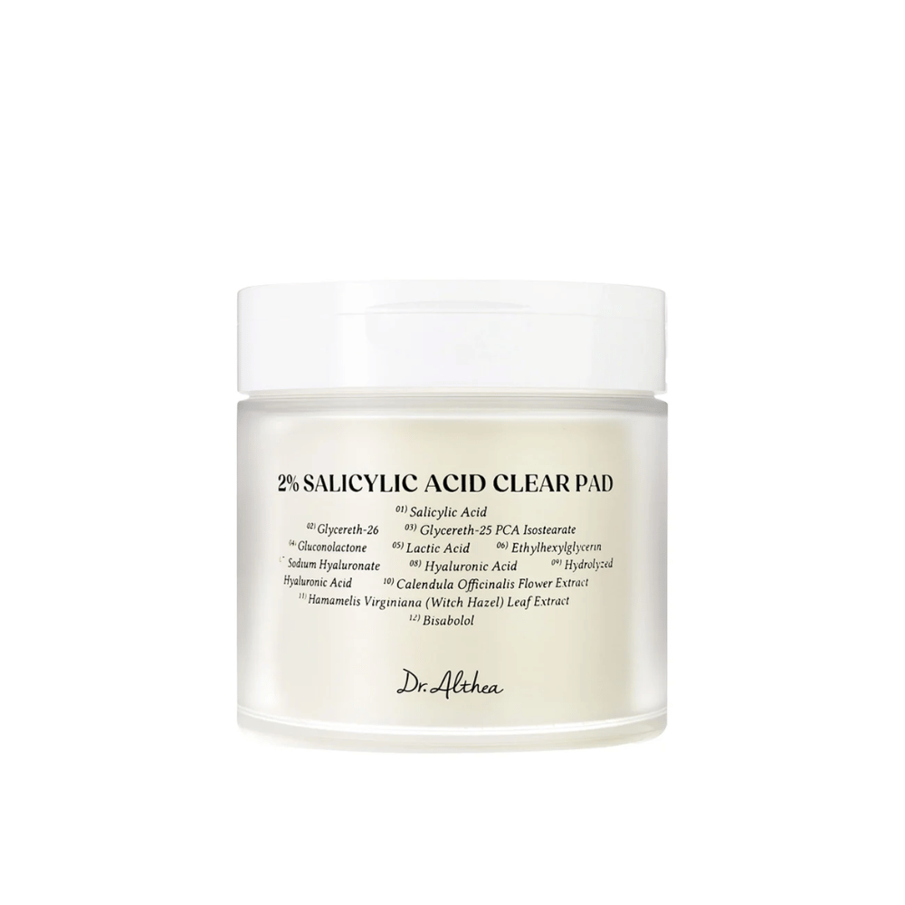 Product image of Dr. Althea 2% Salicylic Acid Clear Pad on white background. Exfoliating pads for acne-prone and oily skin with salicylic acid and soothing ingredients.