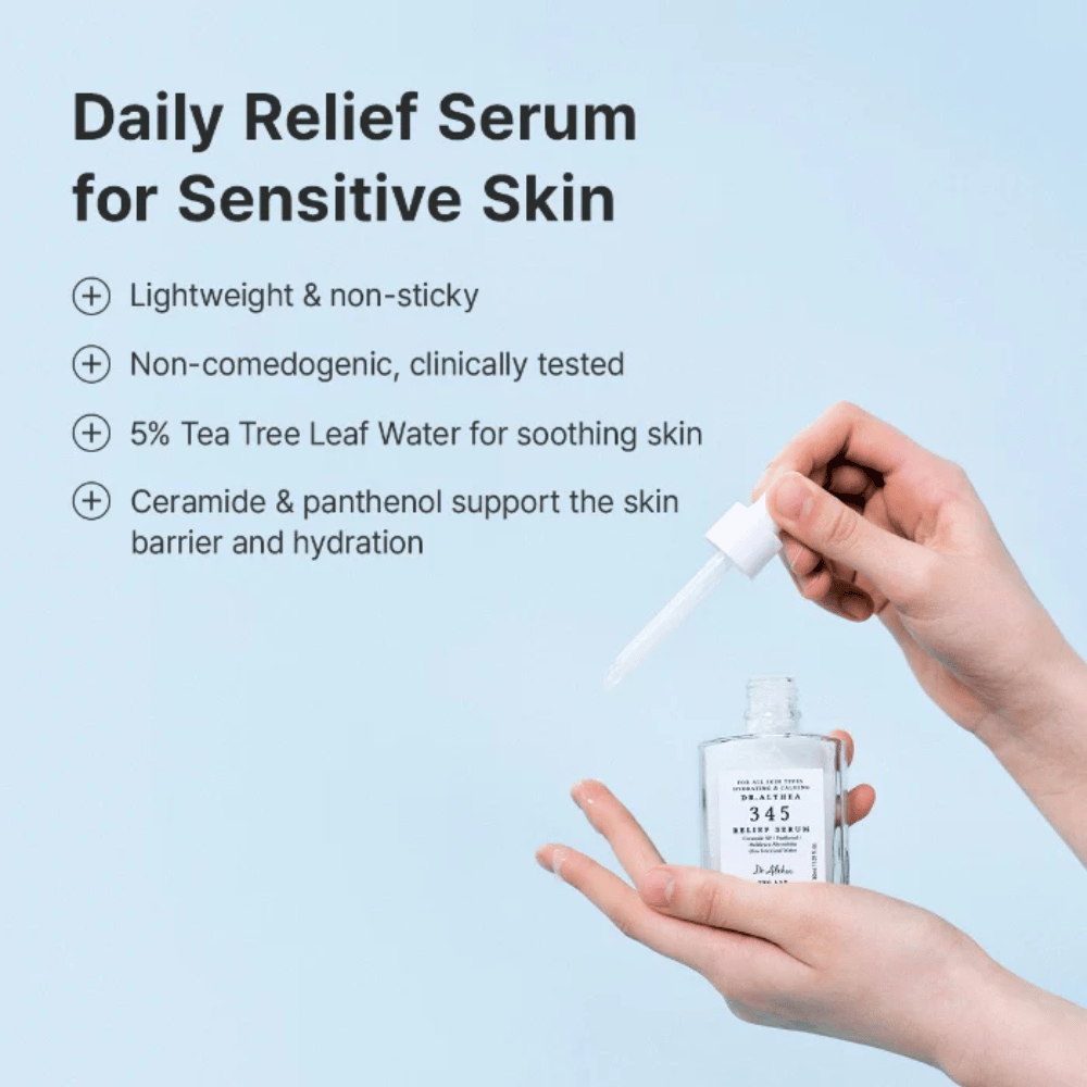 Dr. Althea 345 Relief Serum with ceramides, panthenol, and tea tree water for sensitive skin and long-lasting hydration.