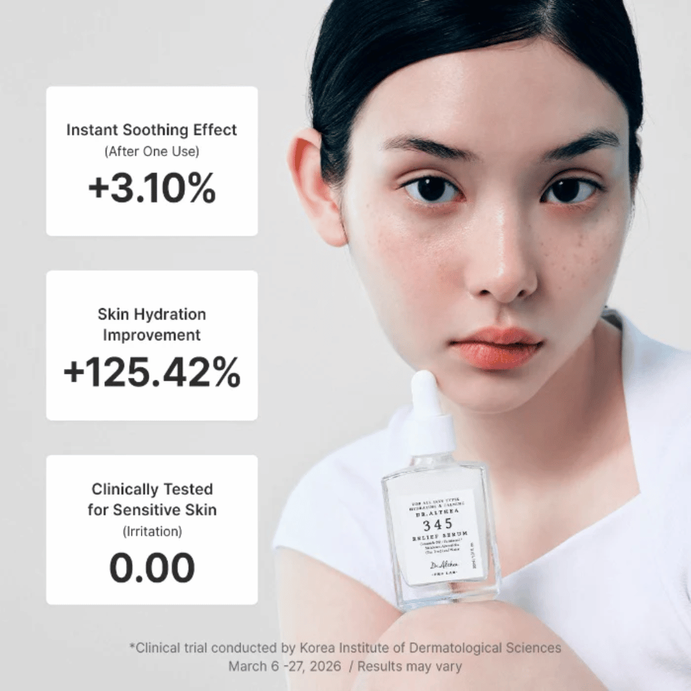 Model holds Dr. Althea 345 Relief Serum – soothing serum for sensitive skin that moisturizes and strengthens the skin barrier.