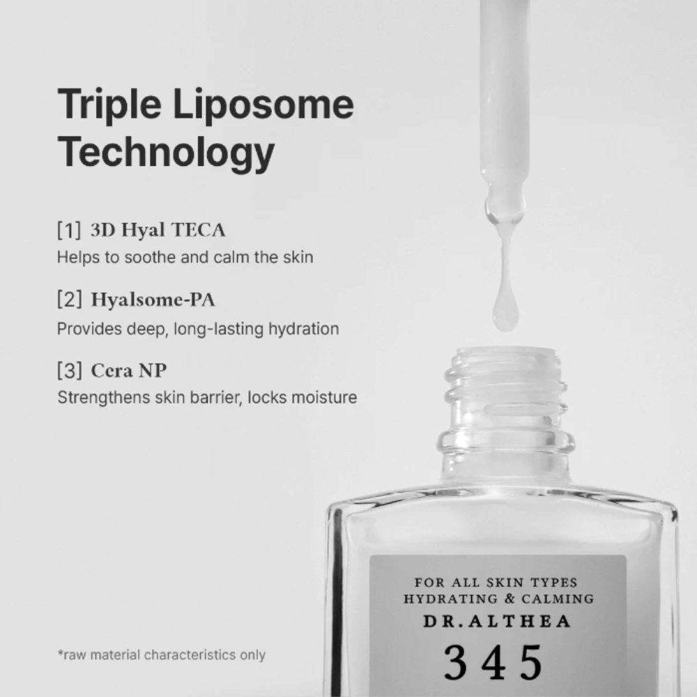 Dr. Althea 345 Relief Serum with triple liposome technology, ceramides, and hyaluronic acid for intensive hydration and a soothing effect.