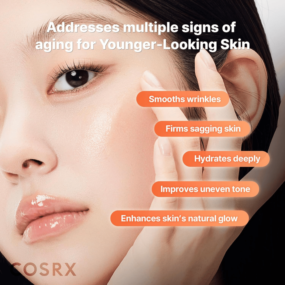 Skincare serum from COSRX that reduces wrinkles, deeply moisturizes, and improves skin tone for an even and radiant complexion