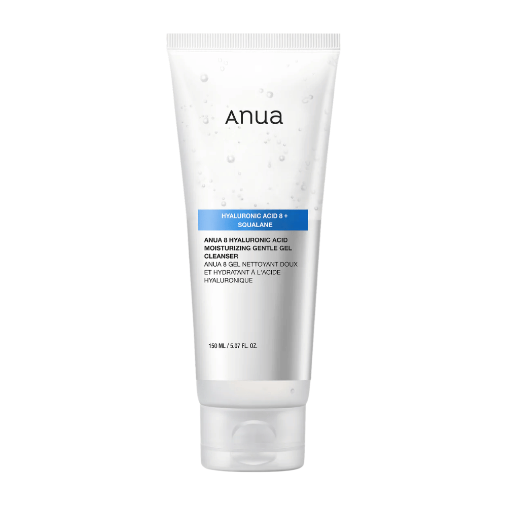 Product image of Anua 8 Hyaluronic Acid Moisturizing Gentle Gel Cleanser in a white tube. Gentle gel cleanser that strengthens the skin's moisture barrier and provides soft, balanced skin.