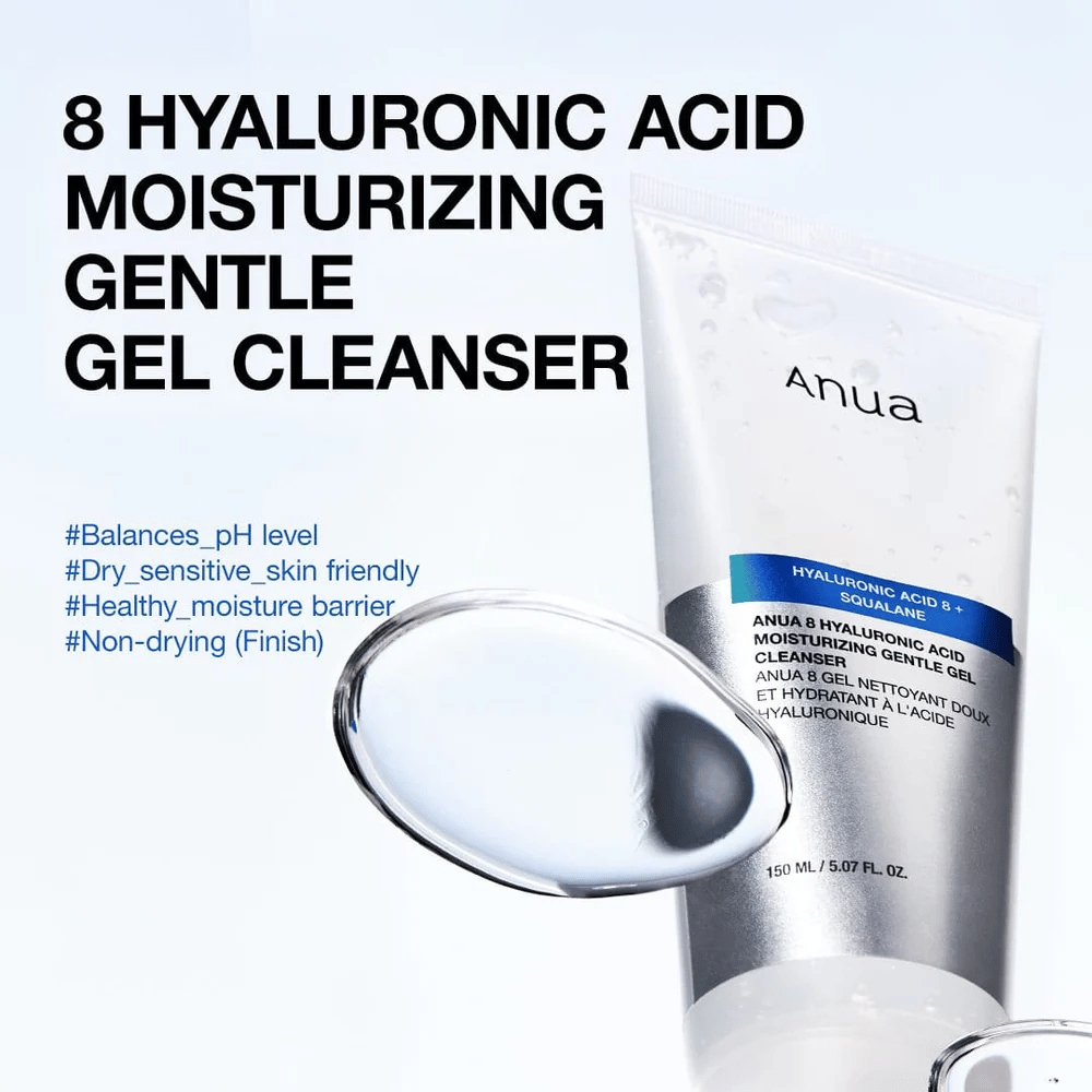 Anua 8 Hyaluronic Acid Moisturizing Gentle Gel Cleanser 150 ml against a blue background. Mild gel cleanser with squalane that moisturizes and suits sensitive skin.