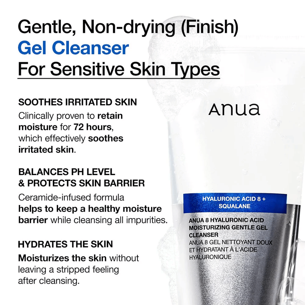 Anua 8 Hyaluronic Acid Moisturizing Gentle Gel Cleanser with text highlighting the product's features: moisturizes for 72 hours, balances pH, and protects the skin barrier.