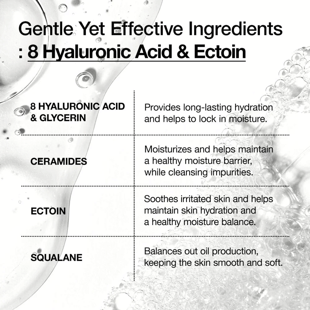 Graphic presentation of Anua's key ingredients: 8 types of hyaluronic acid, ceramides, ectoin, and squalane that moisturize, soothe, and strengthen the skin barrier.