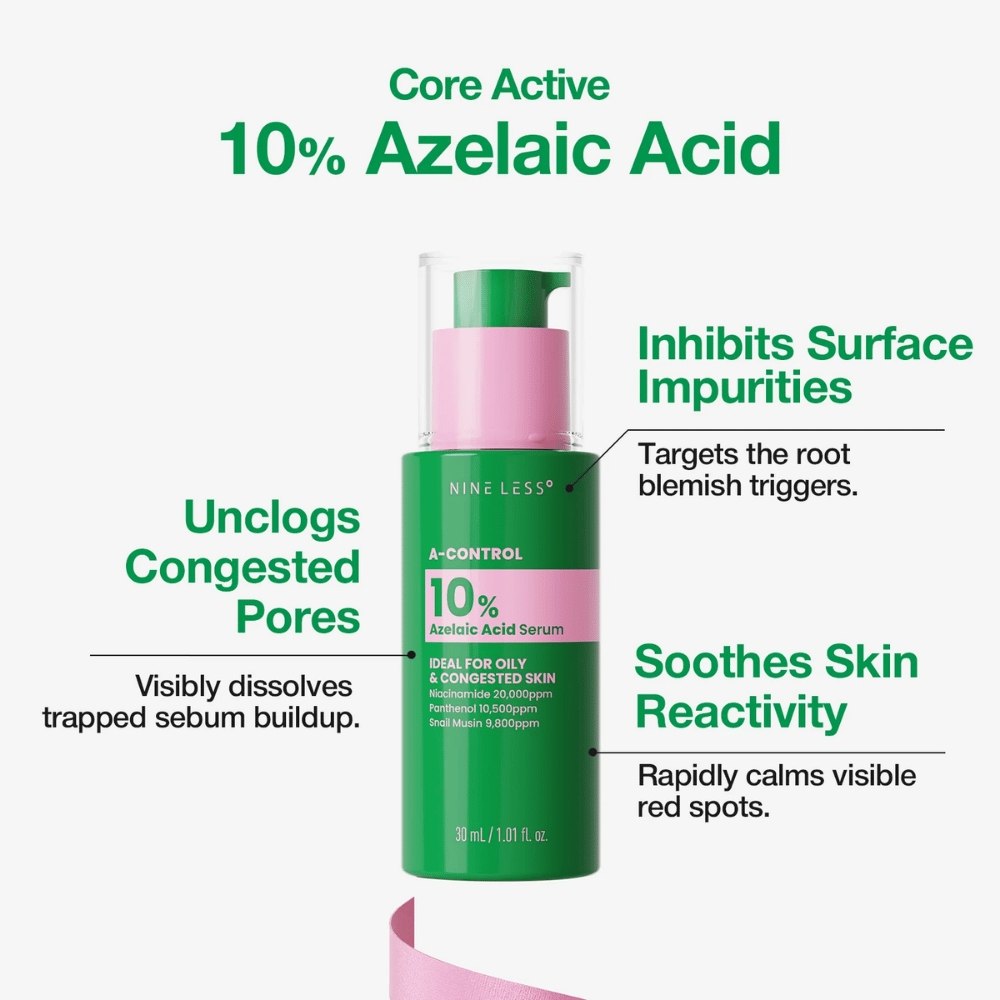NINELESS A-Control serum with 10% azelaic acid helps counteract clogged pores, blemishes, and visible redness.