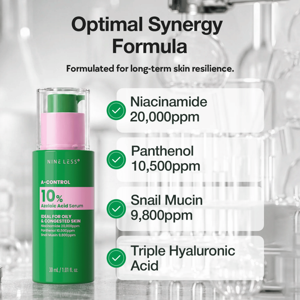 NINELESS A-Control 10% Azelaic Acid Serum with niacinamide, panthenol, snail mucin and hyaluronic acid for balanced and hydrated skin.
