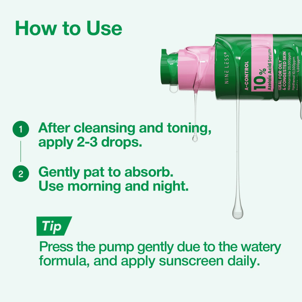 How to use NINELESS A-Control 10% Azelaic Acid Serum – apply 2–3 drops after cleansing and toner, gently pat in, and use morning and evening.