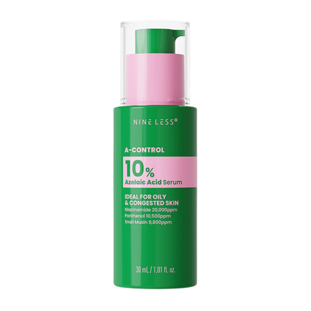 NINELESS A-Control 10% Azelaic Acid Serum 30 ml in a green pump bottle for oily and congested skin.