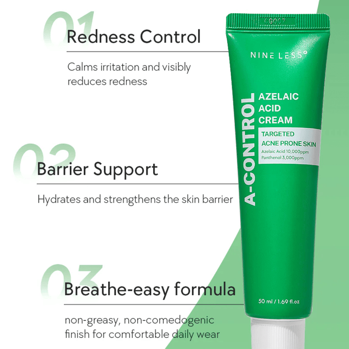 NINELESS A-Control Azelaic Acid Cream – Korean face cream with azelaic acid that helps reduce redness, strengthen the skin barrier, and provide a light, non-greasy finish.