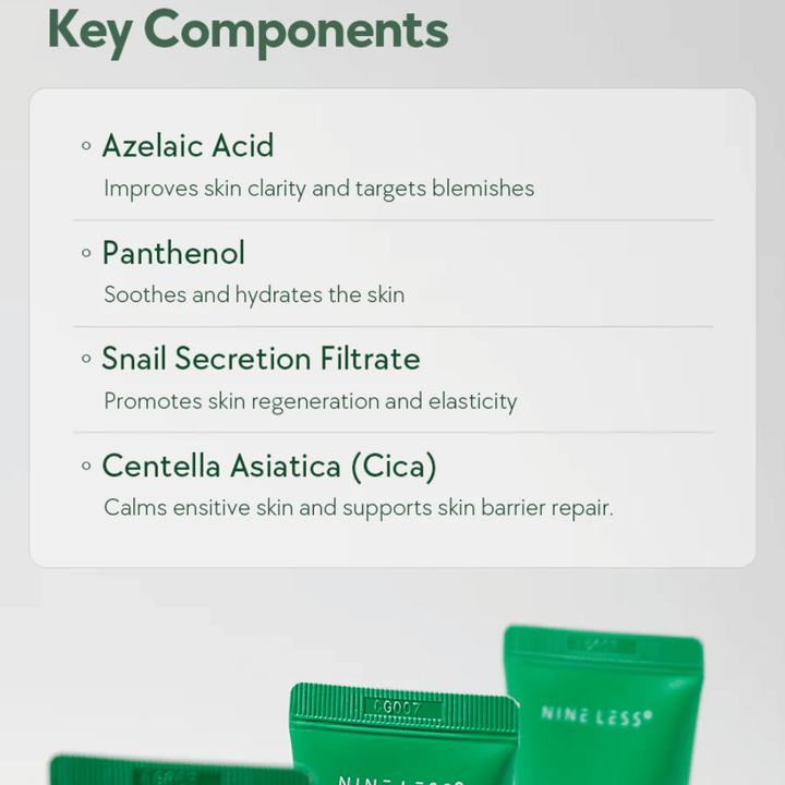 NINELESS A-Control Azelaic Acid Cream ingredients – face cream with azelaic acid, panthenol, snail mucin and Centella Asiatica that helps soothe the skin and improve skin clarity.