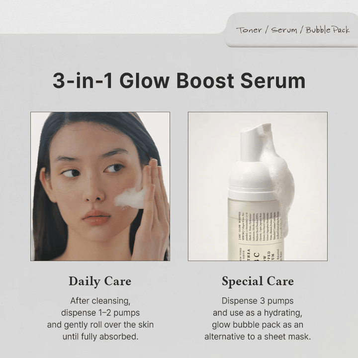 Image – usage (daily vs special care)
Dr. Althea ABC Glow Whipped Serum is used as a daily serum or as a moisturizing bubble mask for extra glow and intensive skincare.