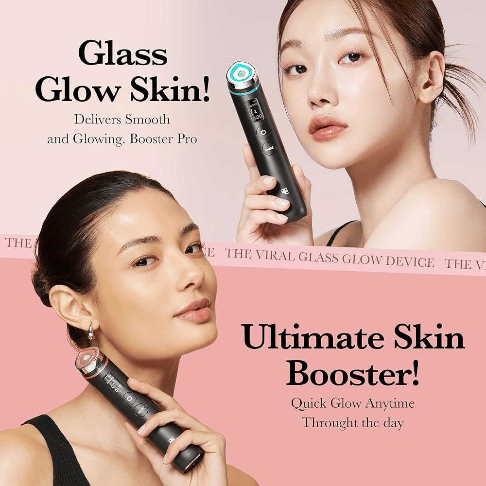 Two models hold Medicube Age-R Booster Pro, a device marketed as a "Glass Glow Skin" and "Ultimate Skin Booster". The product is said to provide a quick glow effect and smoother skin throughout the day.