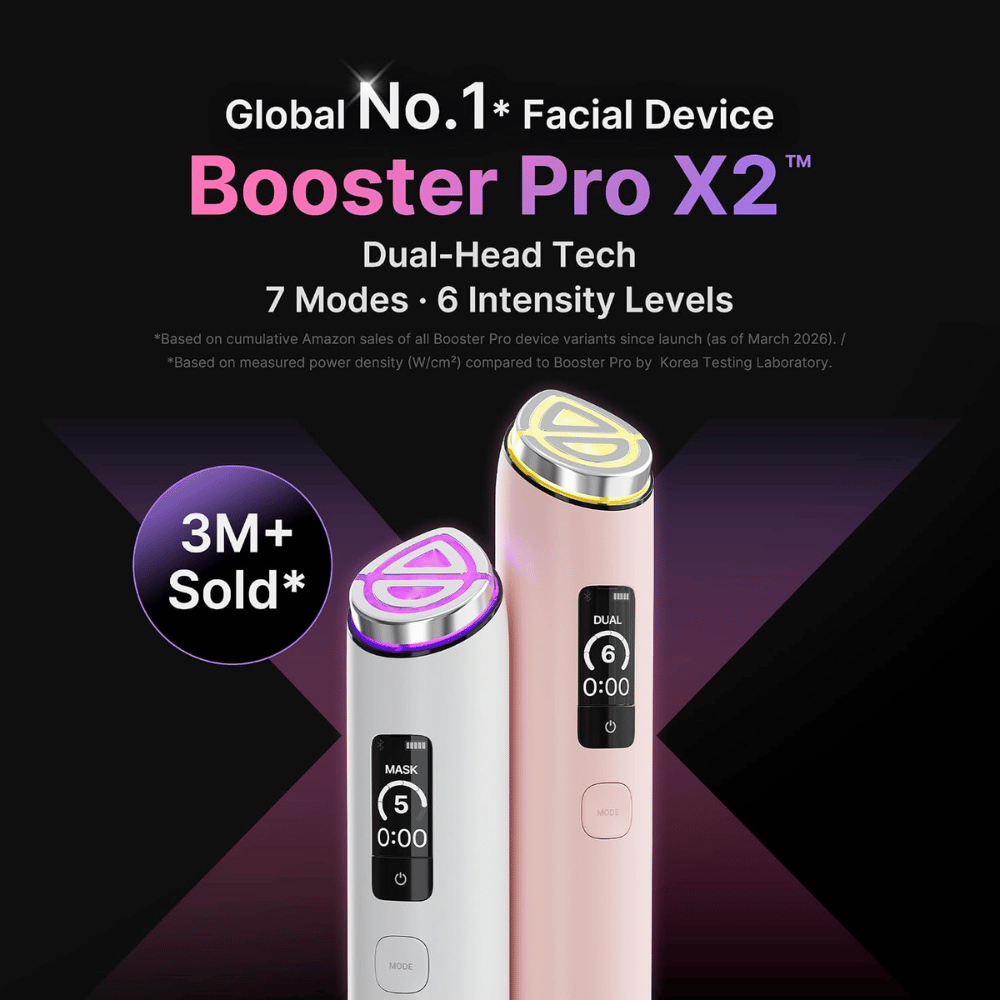 medicube AGE-R Booster Pro X2 advanced skincare device with Dual-Head Tech, seven treatment modes and six intensity levels