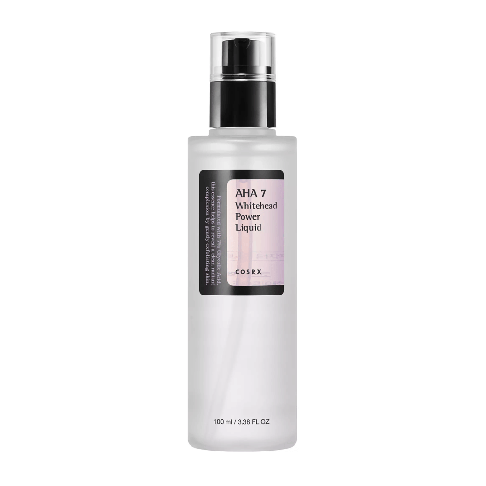 COSRX AHA 7 Whitehead Power Liquid bottle 100 ml, effective exfoliation with 7% glycolic acid against whiteheads and uneven skin tone.