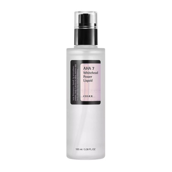 COSRX AHA 7 Whitehead Power Liquid bottle 100 ml, effective exfoliation with 7% glycolic acid against whiteheads and uneven skin tone.