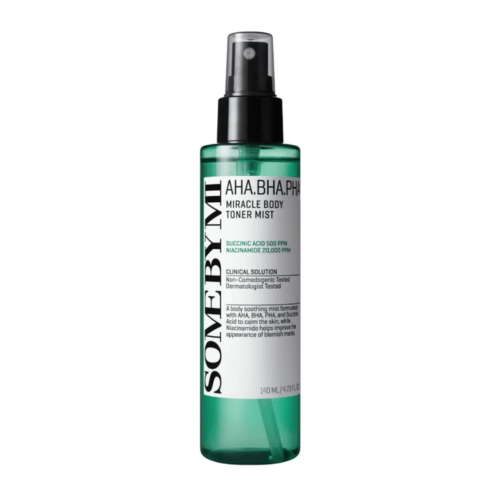 Some By Mi AHA BHA PHA Miracle Body Toner Mist body spray – Korean exfoliating mist that helps cleanse pores, reduce pimples, and provide a smoother skin.