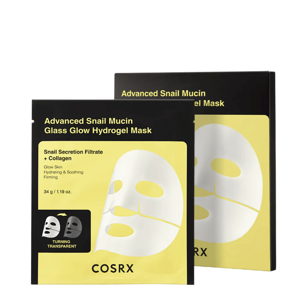 Förpackning av COSRX Advanced Snail Mucin Glass Glow Hydrogel Mask – återfuktande mask med snigelsekret och kollagen.