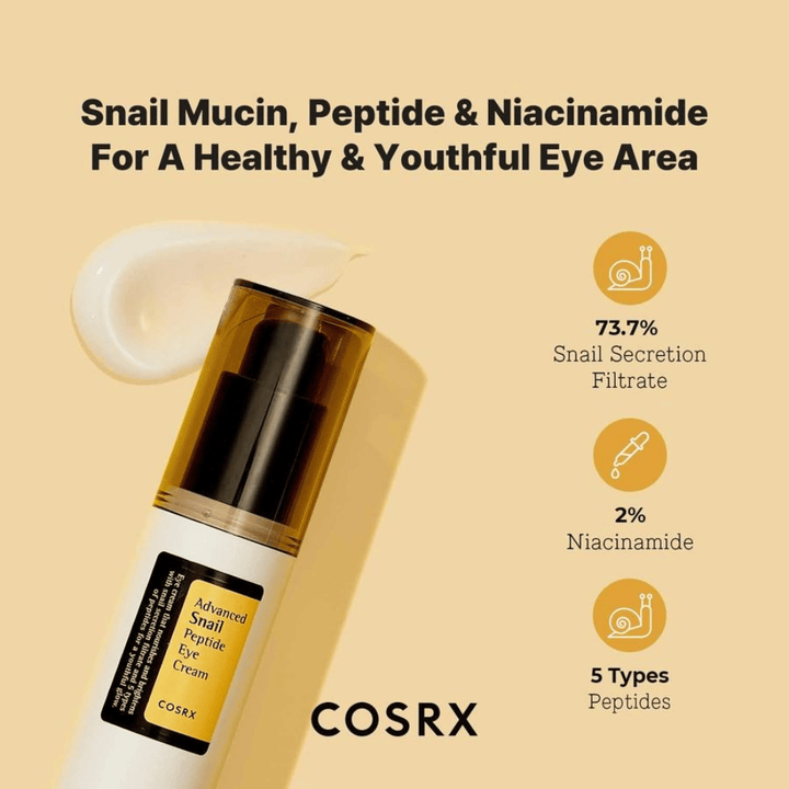 COSRX Advanced Snail Peptide Eye Cream 25 ml with snail mucin, peptides, and niacinamide for firmer skin and more even skin tone around the eyes