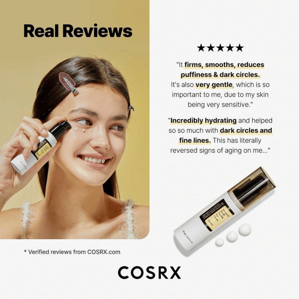 COSRX Advanced Snail Peptide Eye Cream applied under the eyes – Eye cream with 73.7% snail mucin and peptides against dark circles, puffiness, and fine lines