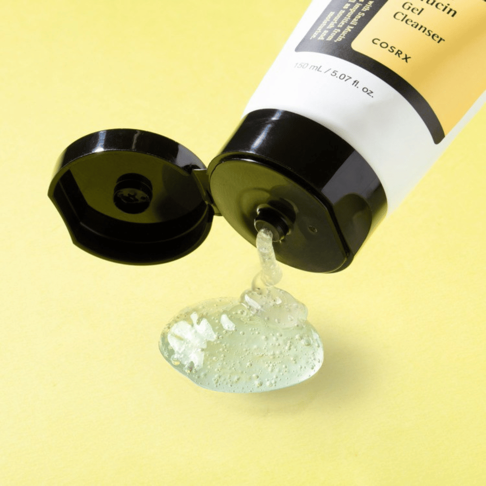 Close-up of COSRX Advanced Snail Mucin Gel Cleanser with transparent gel texture – moisturizing K-beauty cleanser for dry, sensitive, and combination skin.