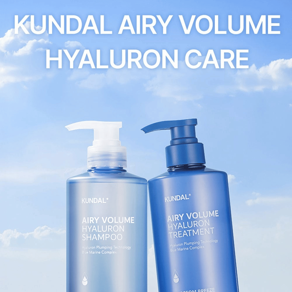 KUNDAL Airy Volume Hyaluron Shampoo and Treatment in blue pump bottles, hair care with hyaluron and Blue Marine Complex.
