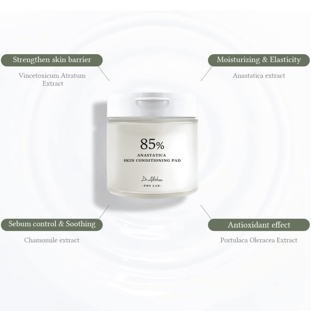 Dr. Althea 85% Anastatica Skin Conditioning Pad with Anastatica extract, chamomile, purslane, and Vincetoxicum extract that strengthen the skin barrier and soothe the skin.