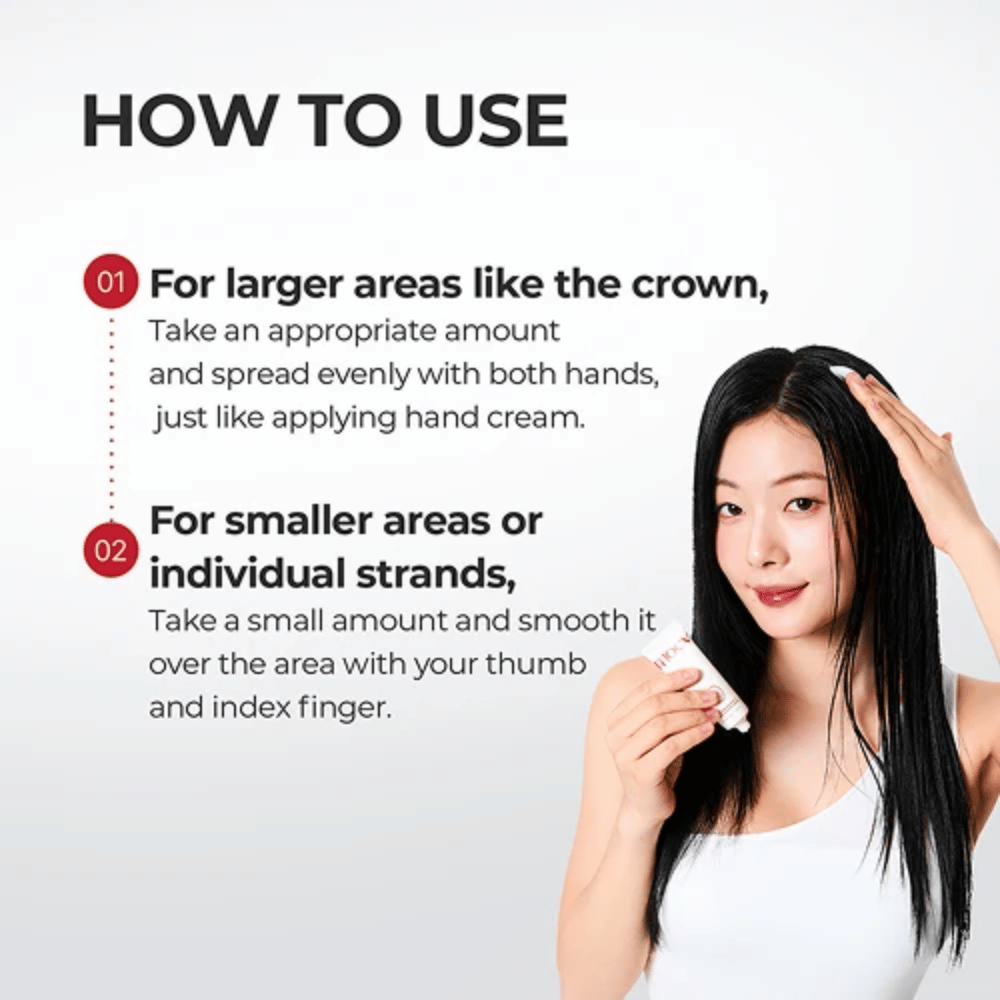 1. MOEV Annurcatin No Sebum Hair Cream – instructions for application on the scalp and on individual hair strands
