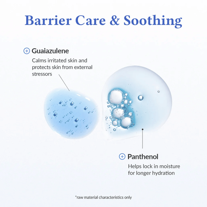 Barrier Care & Soothing in Dr. Althea Aqua Marine Deep Serum with guaiazulene that soothes irritated skin and protects against external stress, as well as panthenol that binds moisture and strengthens the skin barrier for long-lasting hydration.