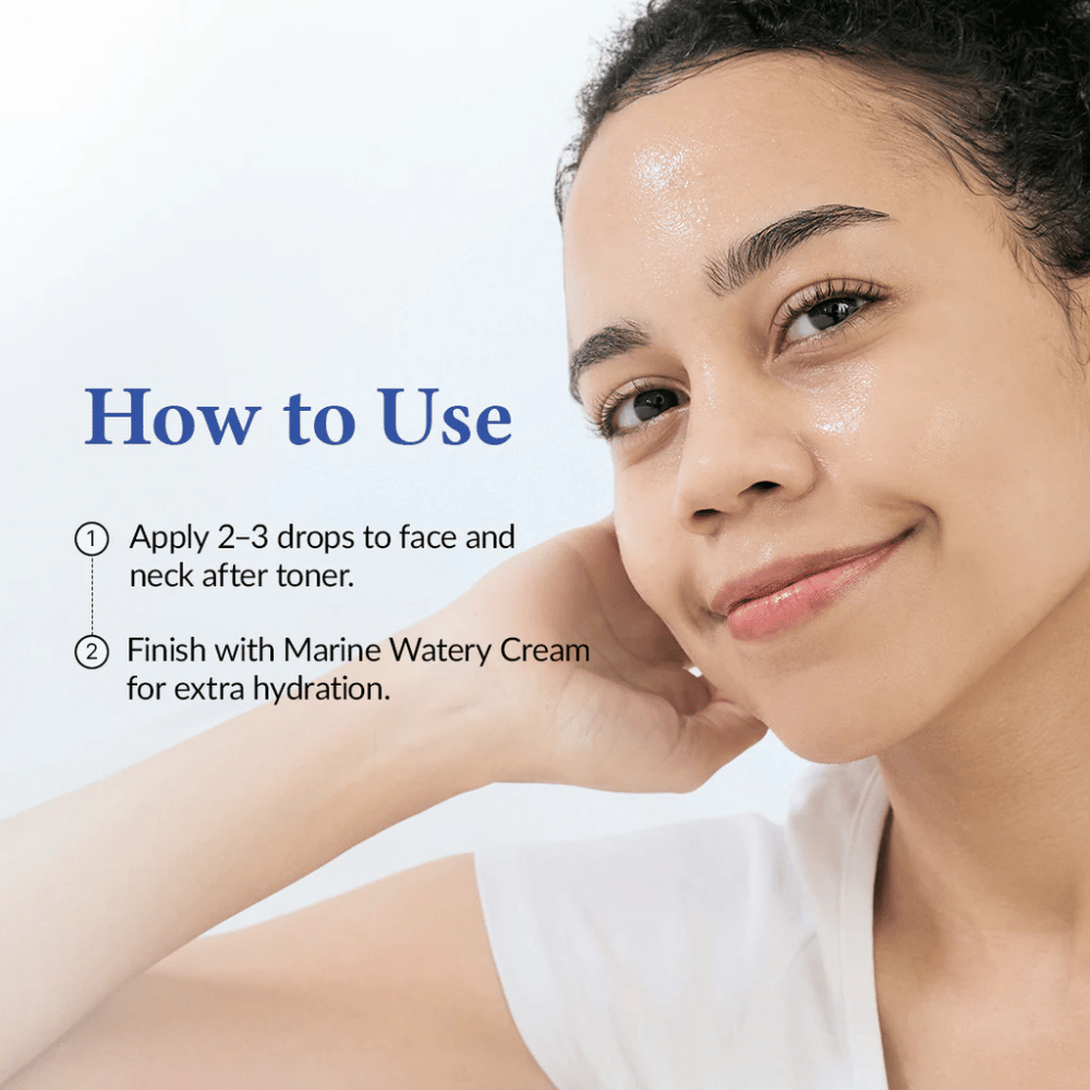 Woman with hydrated, glowing skin who has applied serum. Image showing how Dr. Althea Aqua Marine Deep Serum is used after toner for intense moisture and glow on face and neck.