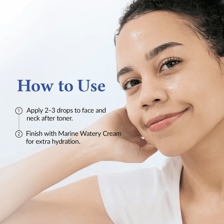 Woman with hydrated, glowing skin who has applied serum. Image showing how Dr. Althea Aqua Marine Deep Serum is used after toner for intense moisture and glow on face and neck.