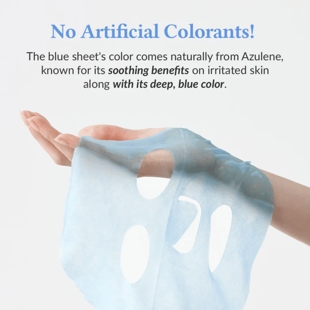 No artificial colorants! The blue color in the mask comes naturally from azulene, which soothes irritated skin and gives it its deep blue tone.