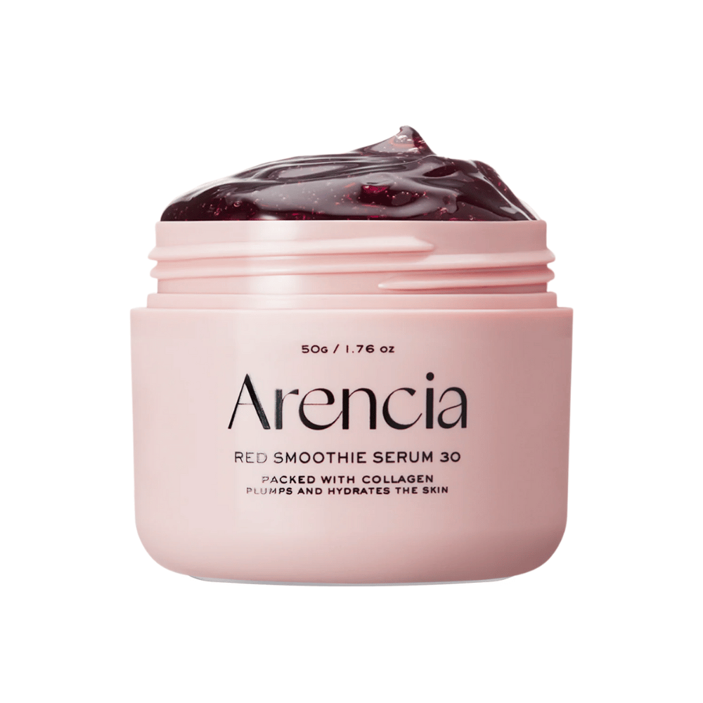 Close-up of Arencia Red Smoothie Serum 30 in a pink jar, filled with deep red gel for hydration and elasticity.