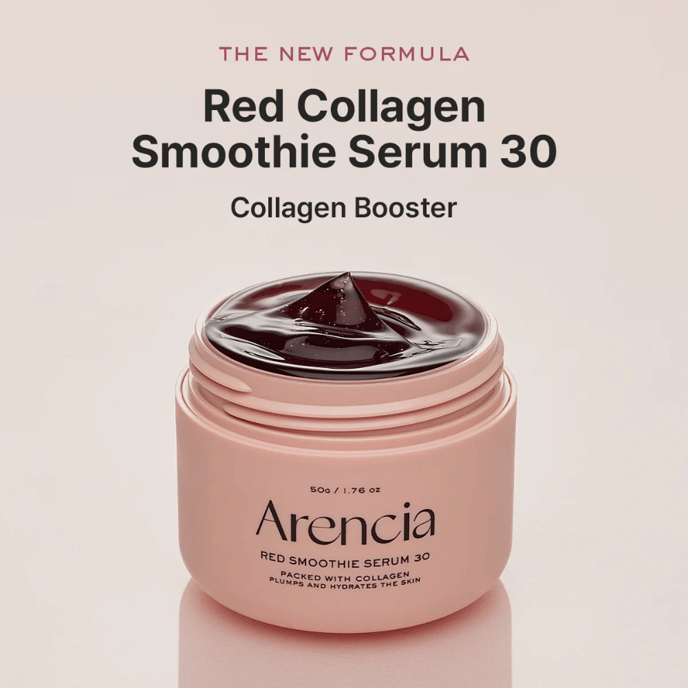 Arencia Red Smoothie Serum 30 in a pink jar, new formula that acts as a collagen booster.