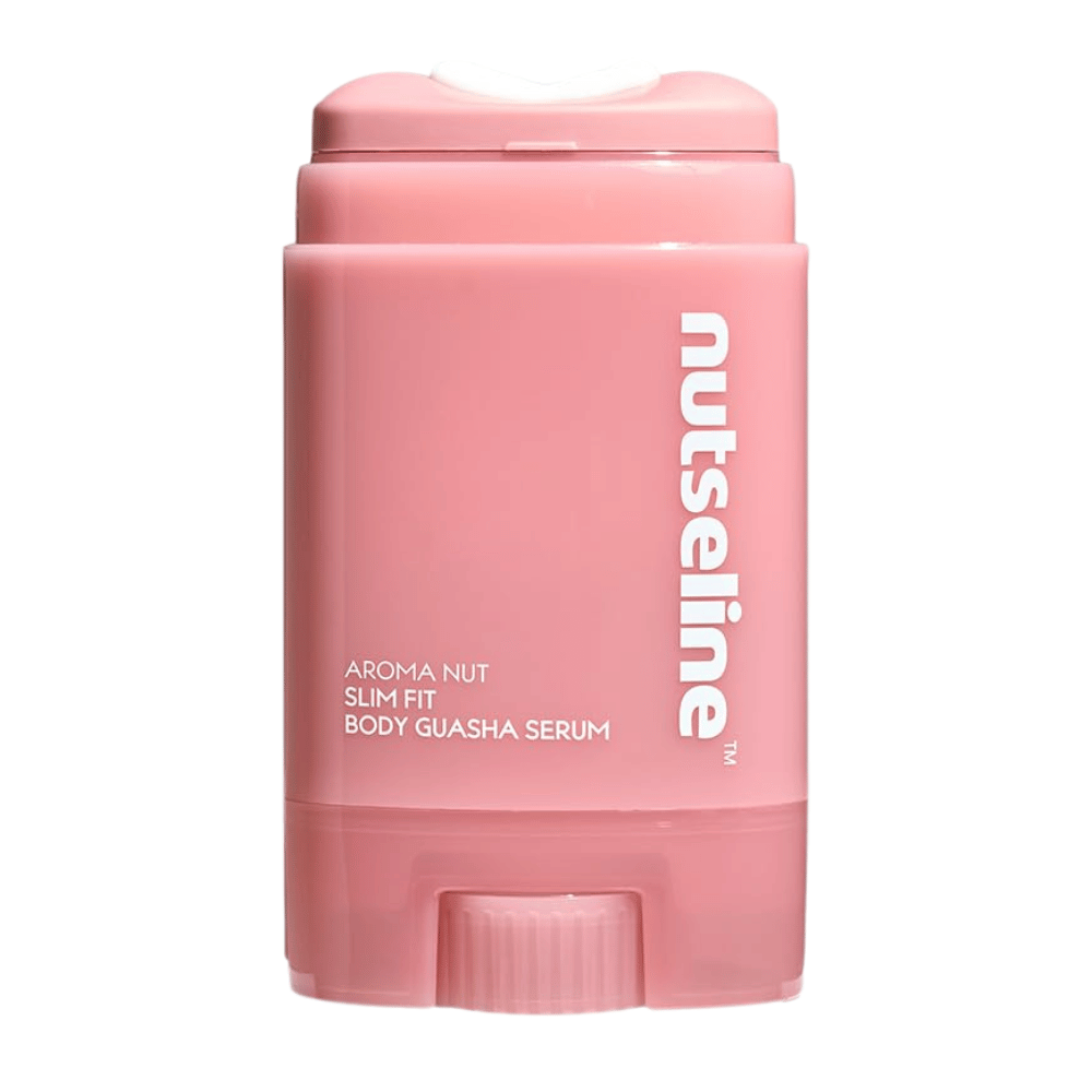 Clean cutout product image of Nuseline Aroma Nut Slim Fit Body Guasha Serum on a light background with focus on the packaging design.