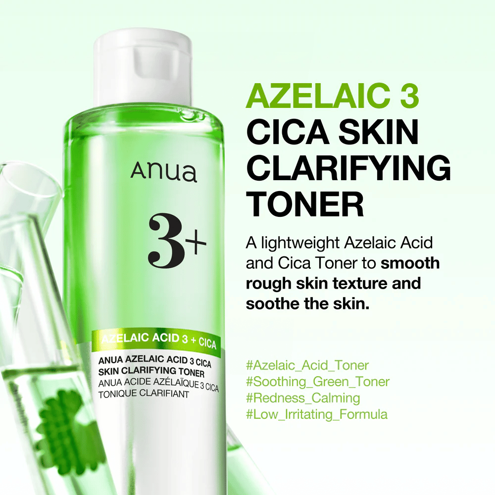 Anua Azelaic Acid 3 Cica Skin Clarifying Toner with 3% azelaic acid and centella asiatica that gently exfoliates, soothes the skin, and improves skin clarity.