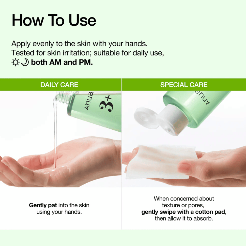 Anua Azelaic Acid 3 Cica Skin Clarifying Toner is applied with the hands or a cotton pad to soothe the skin and improve skin texture.