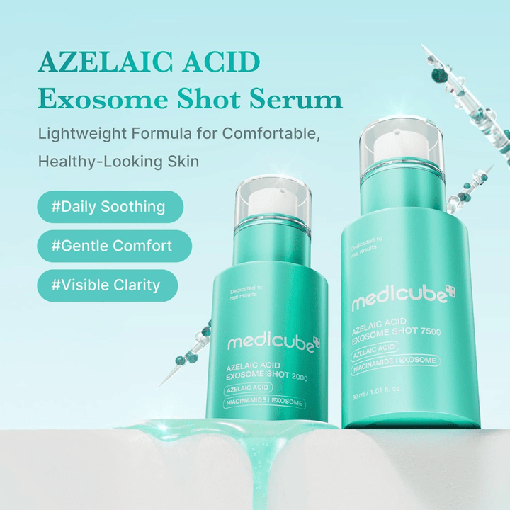 Product image showing both Azelaic Acid Exosome Shot 2000 and 7500. The turquoise design enhances the product's fresh and soothing profile, while messages such as daily care, comfort, and improved skin clarity are emphasized. Decorative illustrations of spicules and serum droplets give a scientific and advanced impression.
