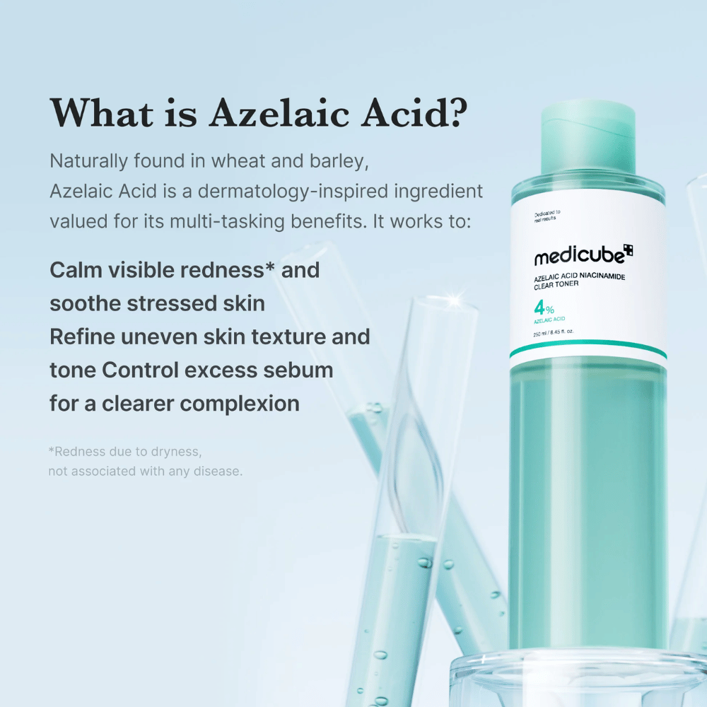 Medicube Azelaic Acid Niacinamide Clear Toner with 4% azelaic acid that helps soothe redness, even out skin tone, and control excess sebum for clearer skin.