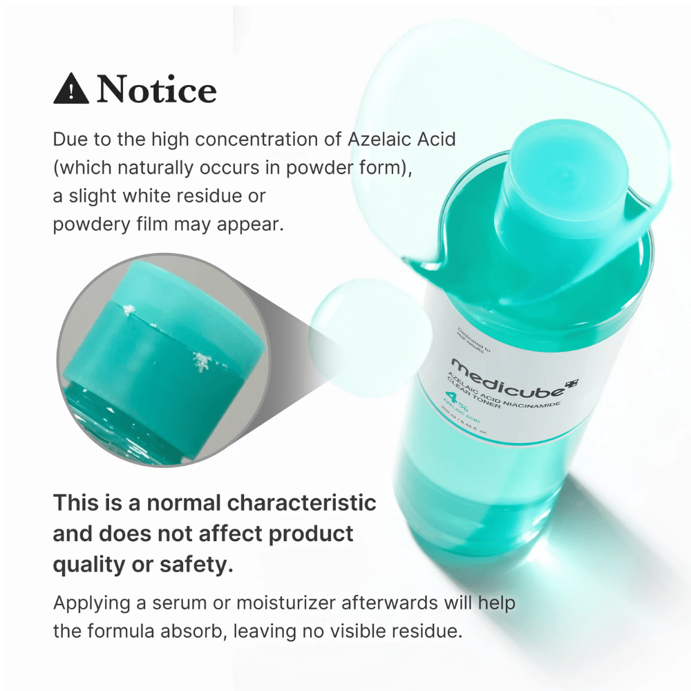 Medicube Azelaic Acid Niacinamide Clear Toner showing natural crystal residues from azelaic acid and explaining that this is normal and does not affect the product's quality or safety.