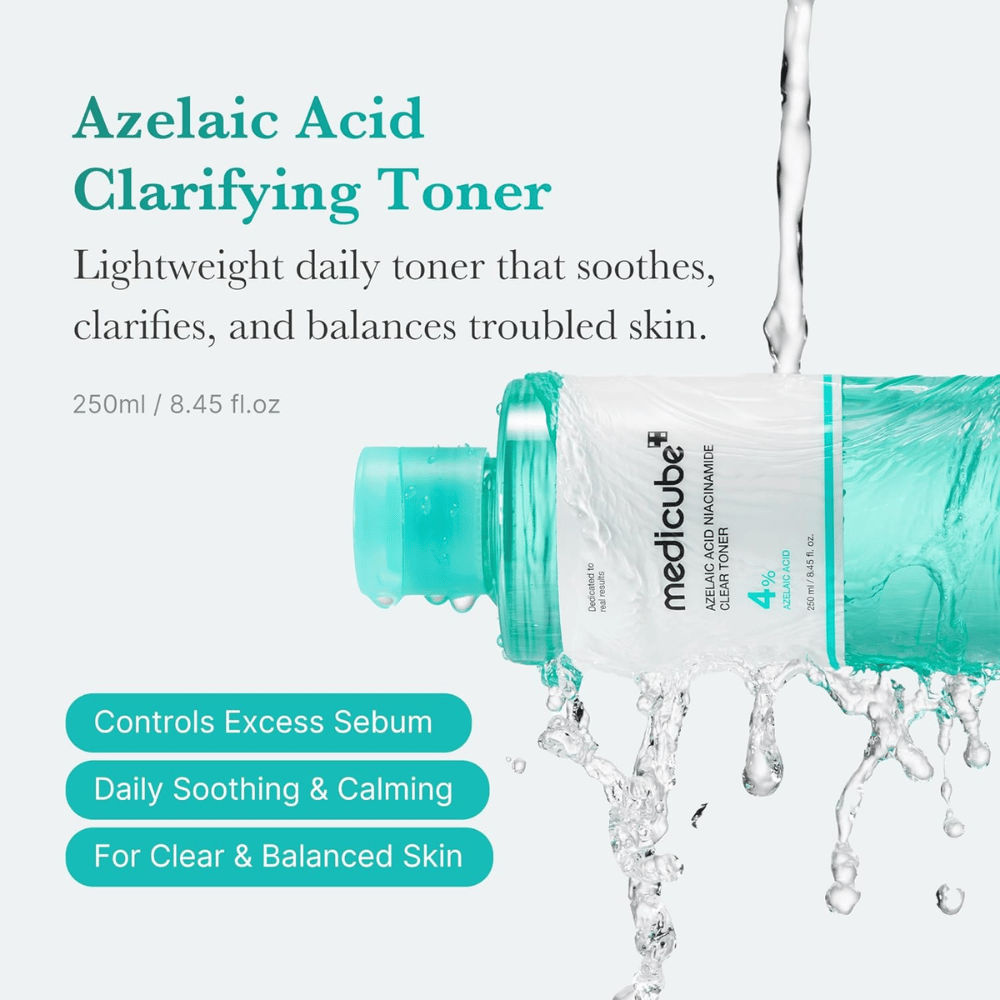 Medicube Azelaic Acid Niacinamide Clear Toner 4% with running water showing a soothing toner to balance sebum production, reduce impurities, and provide clearer skin.